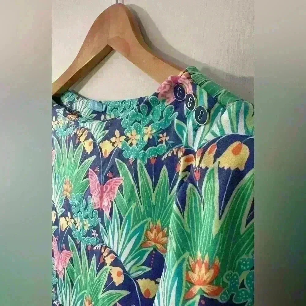 J. Mclaughlin Carly Catalina Blue Green Tropical Butterfly Boat Neck Shirt L - Picture 3 of 4
